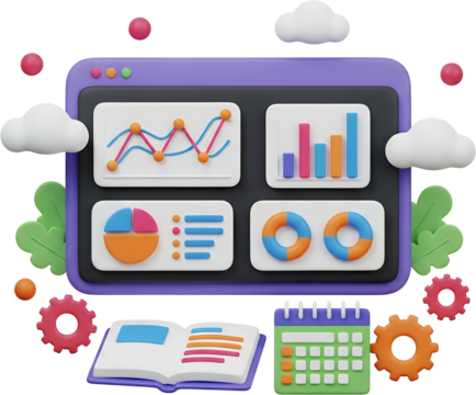 A 3D illustration displays a digital interface with various charts and graphs surrounded by clouds gears and foliage elements suggesting data analysis and planning