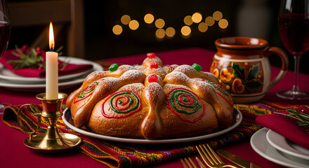 Mexican Pan de Muerto bread on table with candle and bokeh lights to celebrate the day of the dead