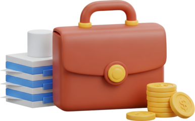 3D render of a brown briefcase next to stacked files and gold coins symbolizing business and financial assets documents money finance savings wealth investment
