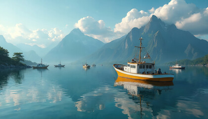 Fishing boats rest in tranquil waters with majestic mountains. Calm lake reflects the sky clouds. Peaceful scene embodies travel relaxation outdoors. Scenic panorama shows natural beauty.