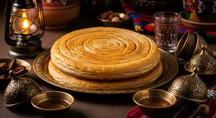 Middle Eastern cuisine with bread, spices, and decorative items on the table
