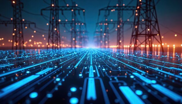 High voltage power lines stretch across city skyline with glowing digital circuit board in foreground. Futuristic energy grid connects technology and infrastructure for power supply.