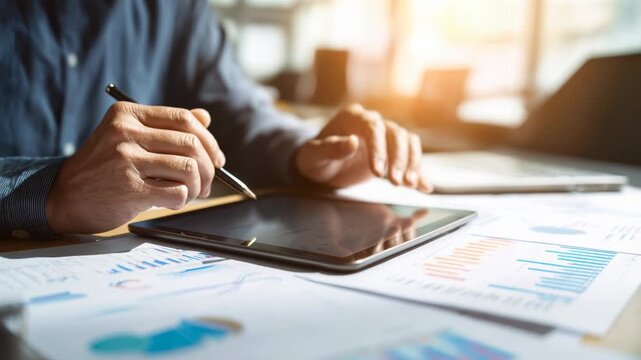 Businessman using a digital tablet while reviewing financial charts and reports, symbolizing analysis, investment planning, and digital transformation in modern business.
