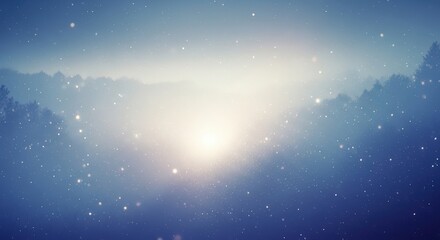 A serene and ethereal landscape bathed in soft, diffused light, with glowing particles floating in the misty air.