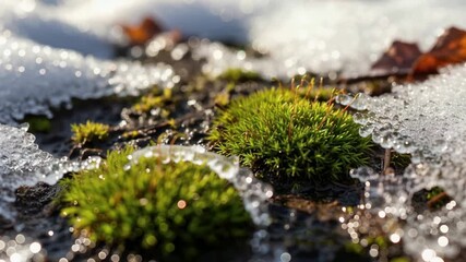 Spring thaw on moss ice melts near plants, water flows in the background, for environmental reports/ nature presentations