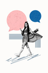 Zine art 3d photo collage of happy hipster girl hold phone type message bubble correspondence...