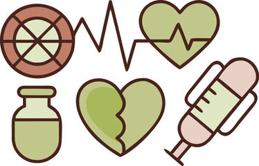 Cardiology and Heart Health Icons: Heartbeat, Broken Heart, Syringe, and Medicine