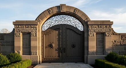 Naklejka premium Magnificent arched entrance with decorative ironwork and meticulously crafted stone walls presents a sense of grandeur