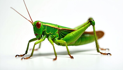 Fototapeta premium Macro shot of bright green grasshopper insect with red eyes, legs poised to leap. This detailed view shows its body, antennae, and segmented limbs against a clean white studio background.