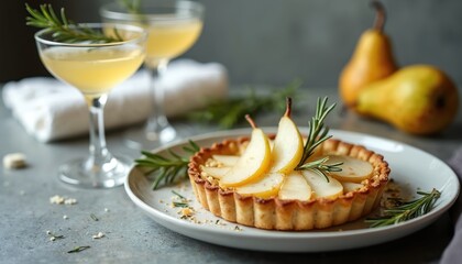 Elegant pear cocktail sits beside gorgonzola tart garnished with rosemary sprigs. Composition features fresh pears, delicate pastry slice on grey surface. Image suggests sophisticated food