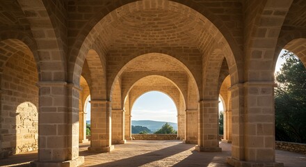Naklejka premium Stone arches overlooking a scenic landscape with bright sunlight and shadows