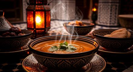 Moroccan Feast: A Culinary Delight with Steaming Soup and Candlelight Ambiance