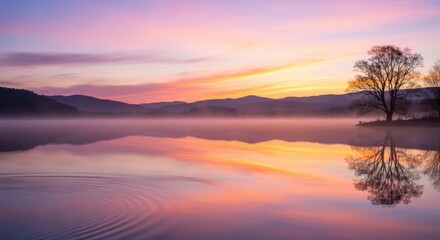 Fototapeta premium A serene lake at sunrise, with mist rising from the water and a tree reflected on its surface.