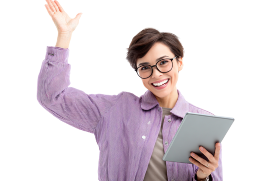 Happy Young Woman Wearing Glasses Holding Tablet and Waving in Bright Studio