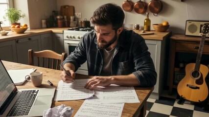 Composer writes song at table in kitchen with guitar and radio in background. Usable for writing inspiration, work from home