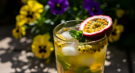 Refreshing passion fruit cocktail with mint and ice, vibrant floral background, summer drink