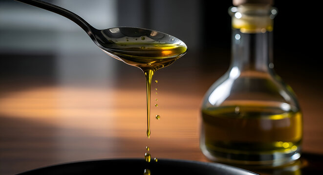 Olive Oil Pouring from Spoon into Black Surface with Bottle in the Background