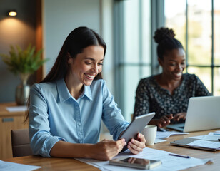 Two female colleagues collaborate at a modern office desk. One woman reviews digital tablet content while another works on laptop. They appear focused and happy during business preparation.