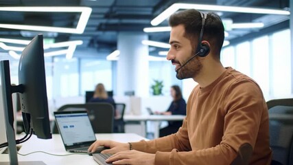 A young multi-ethnic man in a brown shirt and headset on a modern office desk, smiling while engaged in professional customer support, with blurred colleagues in bokeh, highlighting service excellence - Powered by Adobe