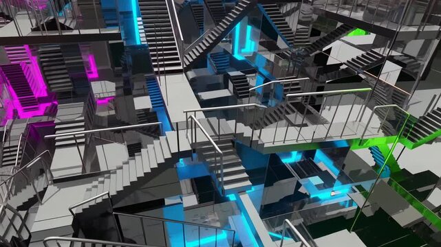 Abstract staircases with glowing lights, rendering, design for challenge, success, innovation, career steps, goal