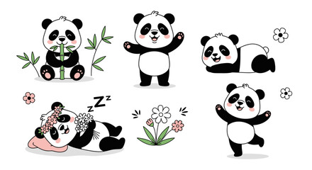 Adorable cartoon pandas in various poses, interacting with bamboo and flowers.