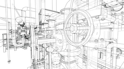 Complex Industrial Machinery Blueprint. Vector