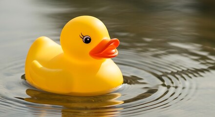 Vibrant yellow rubber duck merrily afloat on water creating ripples