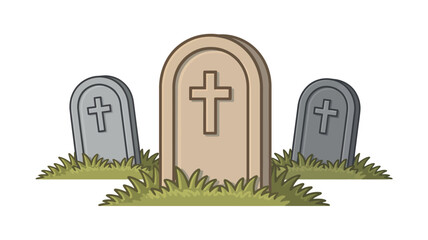 Three cartoon gravestones with crosses in grassy cemetery