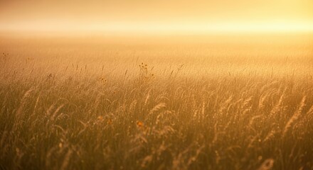 Fototapeta premium Golden sunrise over a misty field of tall grass, creating a serene and warm atmosphere.