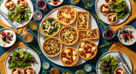 Overhead view of a delicious spread with various quiches, salads, and yogurt with berries