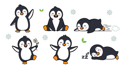 A collection of cartoon penguins in various poses, expressing joy and happiness.