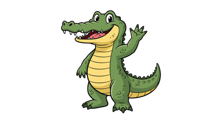 Cartoon alligator waving with a friendly smile, standing on its feet.