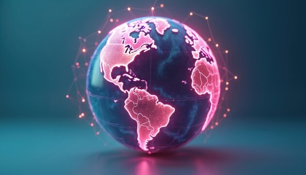 Glowing digital globe on teal background. Pink and purple earth map with network connections. Futuristic 3D illustration of global communication and technology.