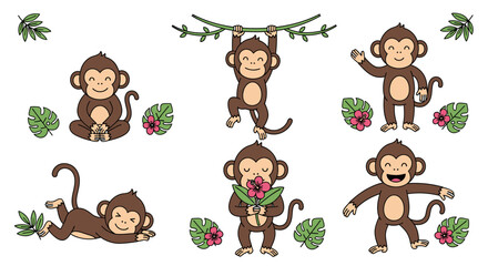 Playful cartoon monkeys in various poses, interacting with foliage and flowers.