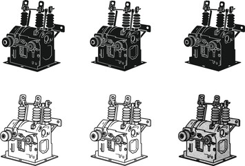 High voltage electrical circuit breaker industrial power switchgear machinery vector illustration set with mechanical components and safety insulation details