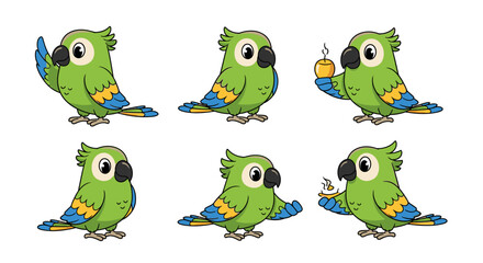 Six cartoon parrots in different poses, some holding a candle, isolated on a white background.