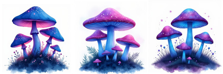 Watercolor glowing mushrooms in blue and purple light surrounded by moss, dreamy fantasy composition with soft magical atmosphere