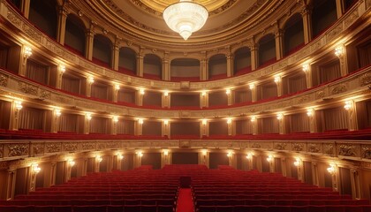 Obraz premium Grand opera house interior, red velvet seats, gold ornate decor. Large chandelier hangs from ceiling. Empty theatre space awaits performance. Balconies, detailed carvings create luxury, historic