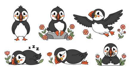 Six cartoon puffins in various poses, including standing, sitting on a rock, flying, sleeping, and resting near flowers.