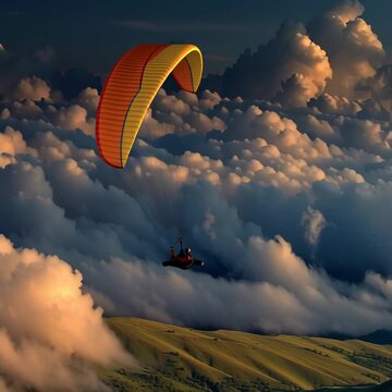 Paraglider flying above dramatic green valley landscape &ndash; aerial adventure video