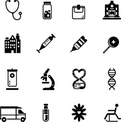 Medical healthcare icons set vector illustration stethoscope syringe microscope hospital dna