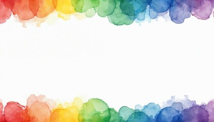 Bright watercolor paint splashes create vibrant rainbow border. Soft colorful blobs form decorative frame at top, bottom of white. Abstract art shows red, orange, yellow, green, blue, purple hues