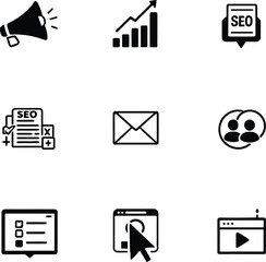 Seo marketing strategy and optimization vector icons for digital business and social media growth plan