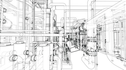 Complex Industrial Pipe Network Blueprint. Vector