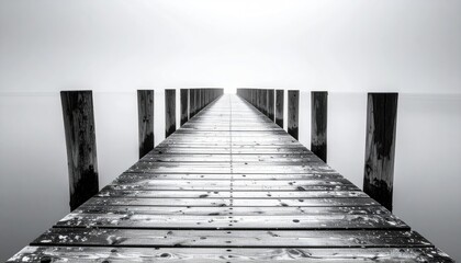 An Old Wooden Boardwalk Pier Extending into a Calm Foggy Lake Under a Bright Overcast Sky with Detailed Weathered Wood Texture and Vertical Support Posts
