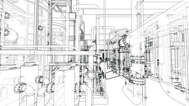 Complex Industrial Pipe Network Blueprint. Vector