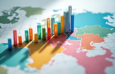 Colorful bar graph overlays world map indicating economic growth trends and global financial comparisons. Data visualization shows international economic disparity and development.