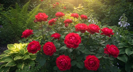 Vibrant red roses in full bloom surrounded by lush greenery and sunlight