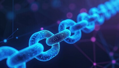 Blockchain illustrated with interconnected glowing blue chain links. Digital ledger shows transactions across secure network. Concept demonstrates financial technology cryptography. Modern