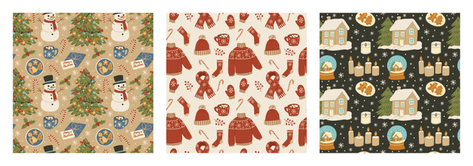 seamless pattern with Christmas elements, cozy winter endless background set